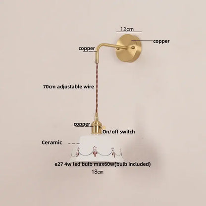 Cream ceramic led wall lamp with brass copper arm and floral decorative motifs for bedroom decorbites ceramic led lighting