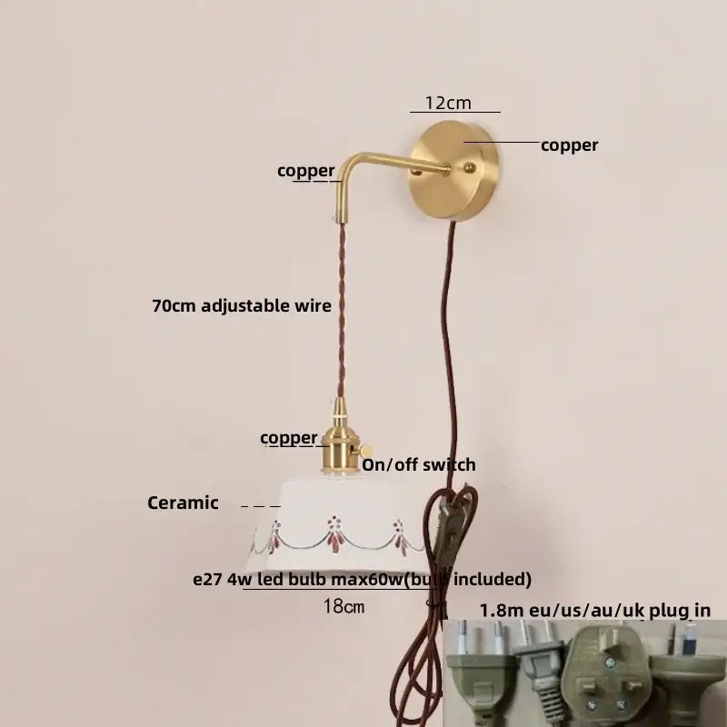 Vintage-style cream ceramic led wall lamp with brass copper finish and floral motifs by decorbites for bedroom lighting