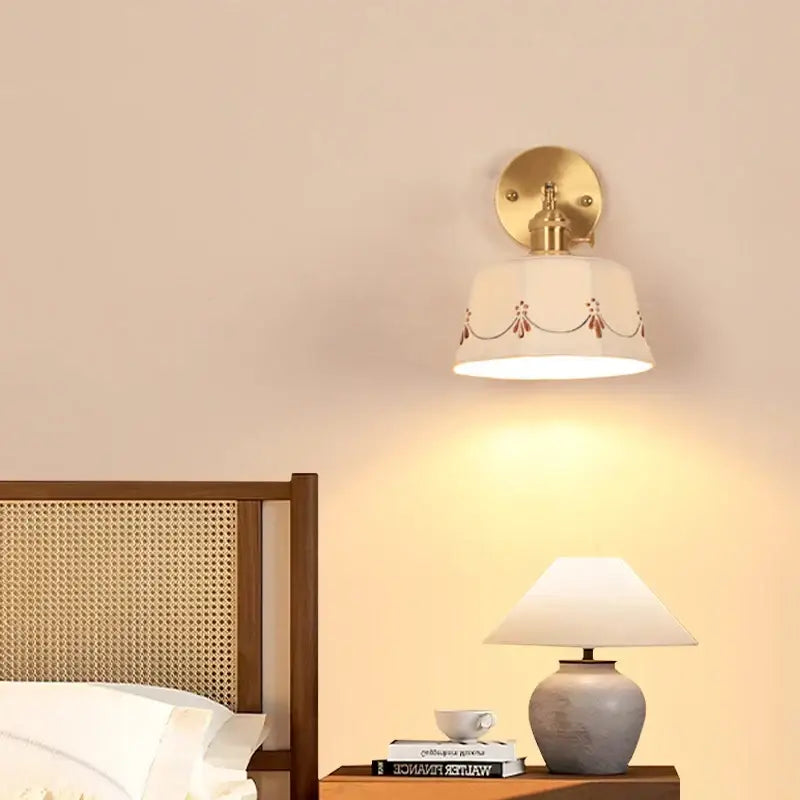 Gold-finished wall lamps with cream ceramic led wall shade featuring delicate red floral embroidery for bedroom decorbites ceramic led