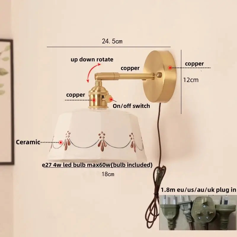 Cream ceramic led wall lamps with decorative brown floral motifs and gold copper arm for bedroom decorbites ceramic led wall lighting