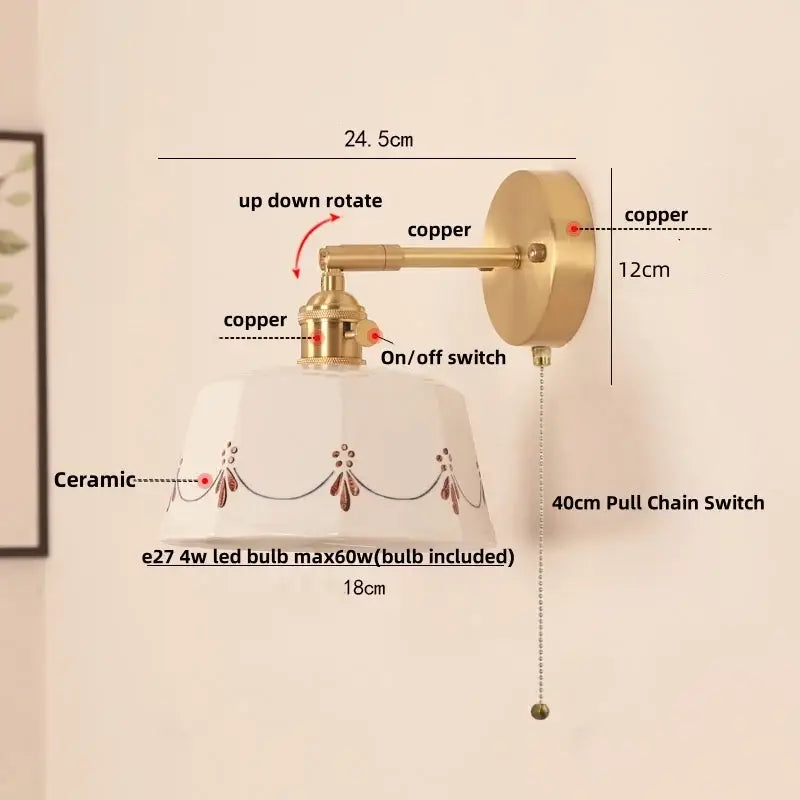 Cream ceramic led wall lamps with delicate brown floral motifs mounted on brass copper arm for bedroom decorbites ceramic led