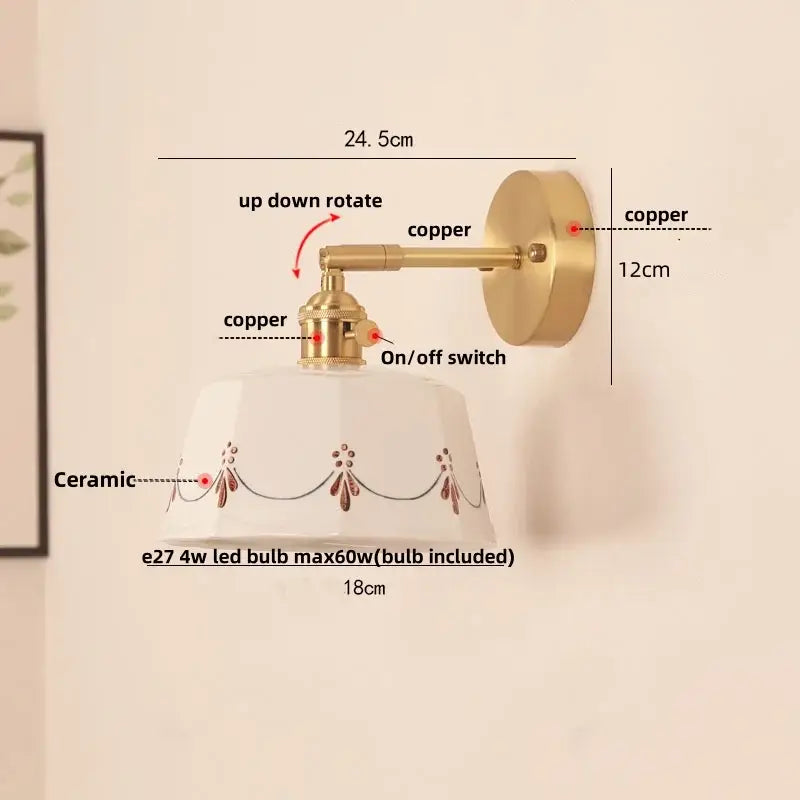 Cream ceramic led wall lamp with copper arm and brown floral motifs ideal for decorbites ceramic led bedroom wall lamps