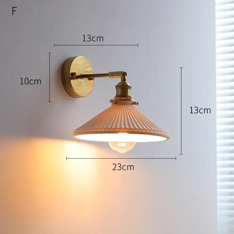 Vintage-style cream ceramic led wall light with copper arm and ribbed translucent glass shade for bedroom decorbites ceramic led