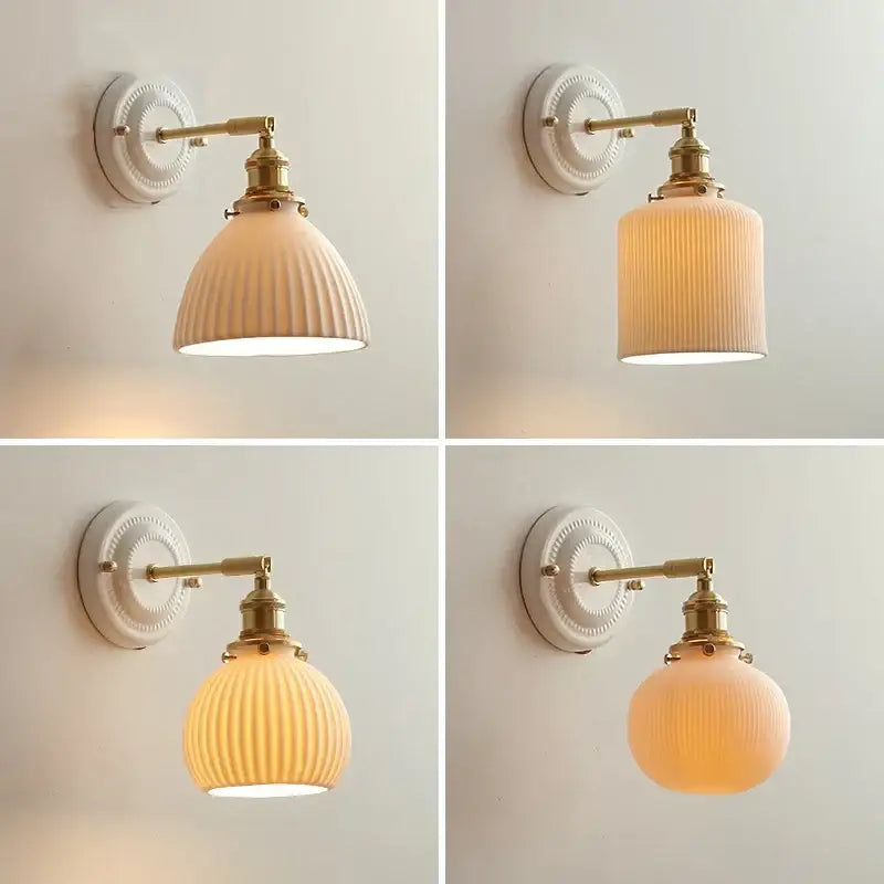 Cream ceramic led wall light with copper arm featuring vintage brass metal and frosted glass shades by decorbites ceramic led