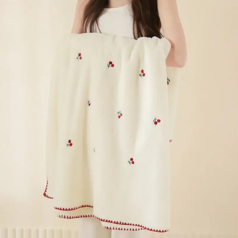 Cream cherry velvet embroidered blanket in cream with red cherry embroidery and matching zigzag border baby velvet throw