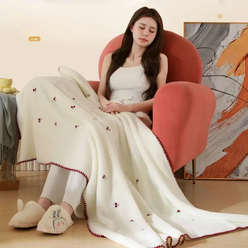 Cream cherry velvet embroidered blanket with cream baby velvet embroidered fabric and pom-pom trim throw