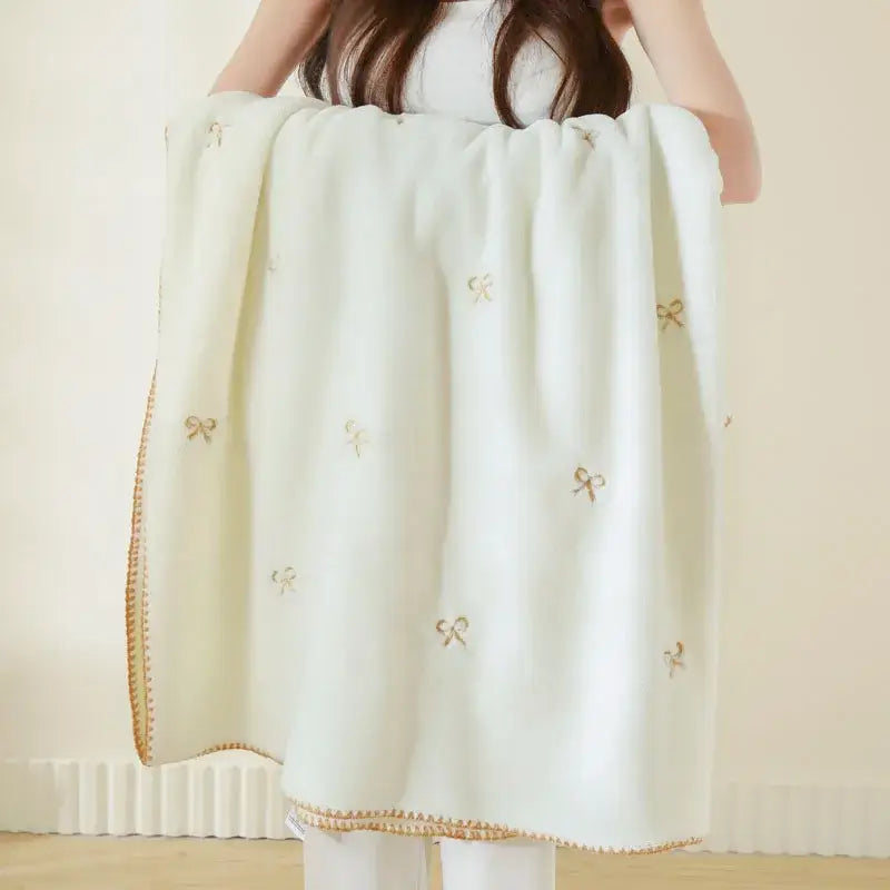 Cream cherry velvet embroidered blanket with gold bow embroidery soft baby velvet embroidered throw for bedroom