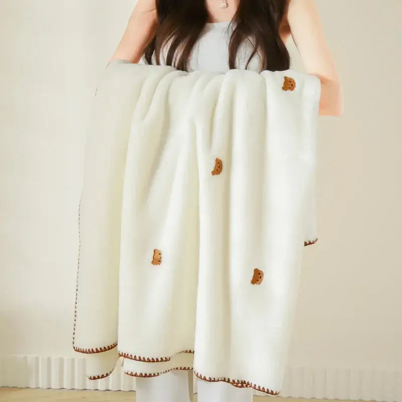 Cream cherry velvet embroidered blanket with soft white baby velvet and brown cookie appliqués with stitched border
