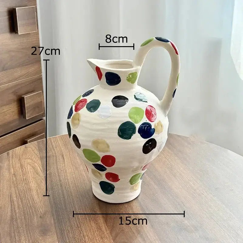 Cream colorful dot ceramic pitcher vase in white with colorful dot hand-painted polka dots for kitchen floral decorbites decor
