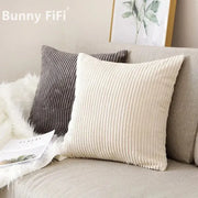Cream corduroy striped cushion cover with ribbed texture and soft cozy appearance for living room decorbites cushion cover