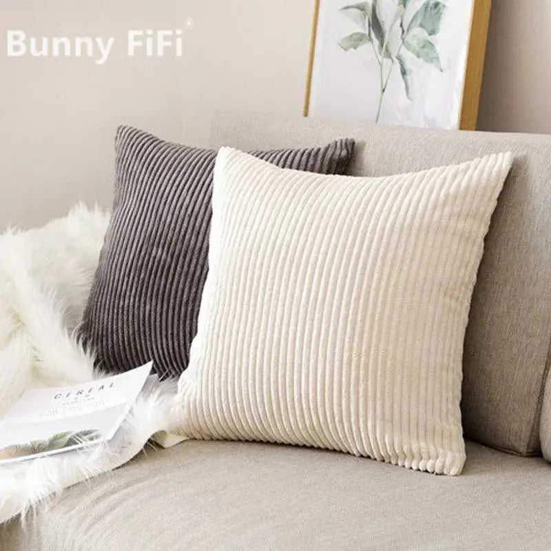 Cream corduroy striped cushion cover with ribbed texture and soft cozy appearance for living room decorbites cushion cover