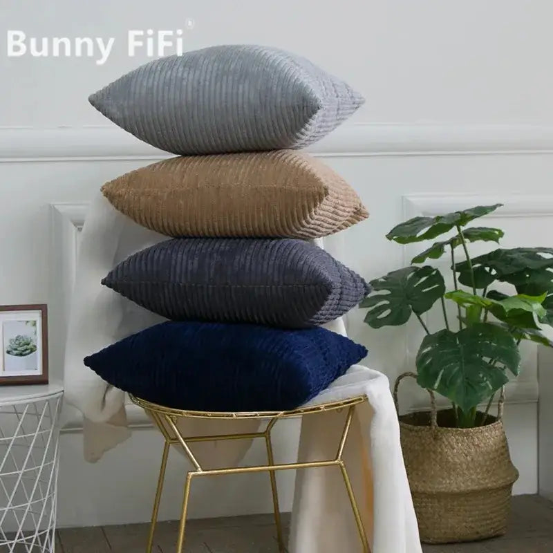 Stack of four decorbites corduroy striped cushion covers in gray tan navy blue and dark blue for living room decorbites corduroy striped cushion