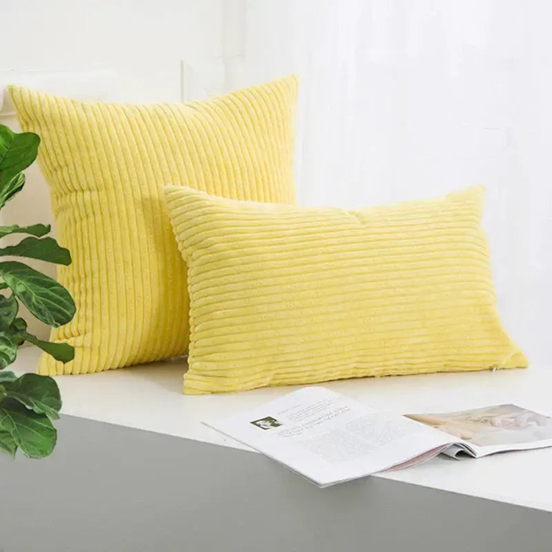 Two vibrant yellow corduroy striped cushions with ribbed texture for living room decorbites corduroy striped cushion cover