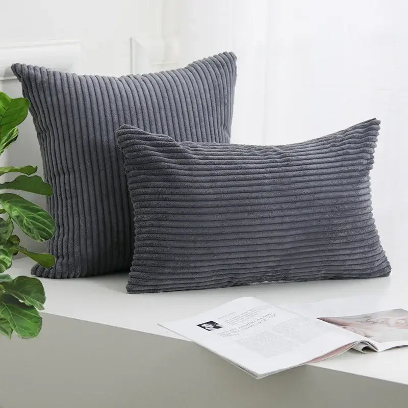 Two gray corduroy striped cushion covers with ribbed texture in square and rectangular shapes for living room decorbites throw pillows