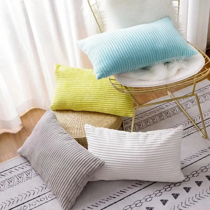 A set of four corduroy striped cushion covers in light blue lime green gray and white for living room decorbites decor