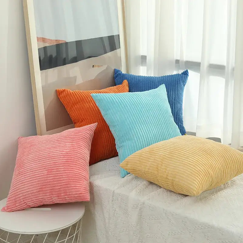 Set of five colorful corduroy striped cushion covers in pink orange blue teal and yellow for living room decorbites throw pillows