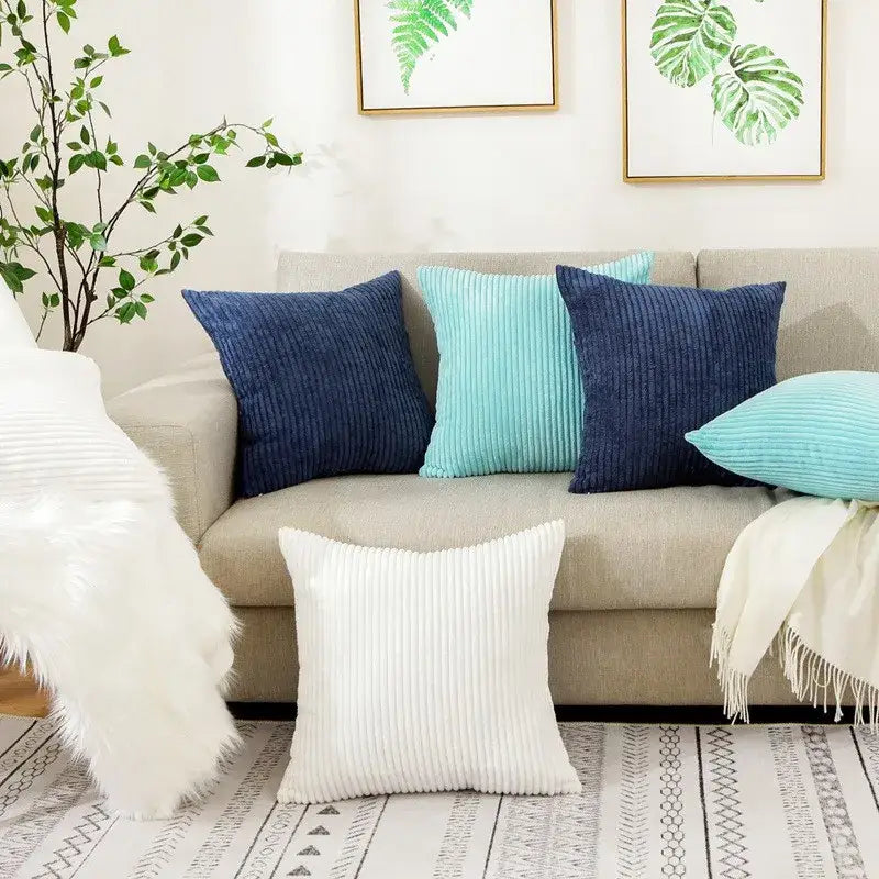 Set of four corduroy striped cushion covers in navy blue teal and white ribbed texture for living room decorbites throw pillows