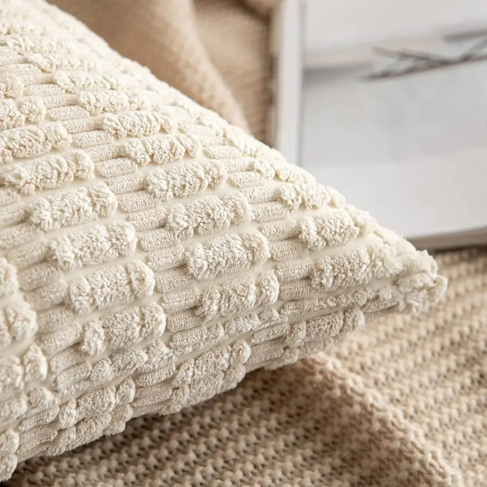 Cream corduroy striped throw pillow cover with plush textured fabric and raised horizontal ridges for living room decorbites decor