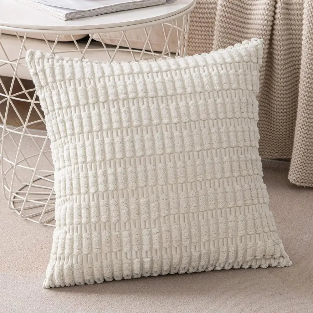 Cream corduroy striped throw pillow covers featuring a cream textured woven pattern for living room decorbites decor