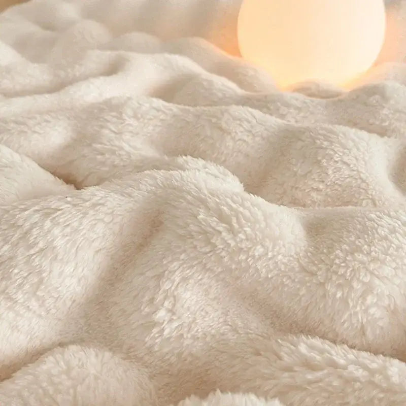 Cream cozy bubble faux rabbit fur blanket with soft textured surface and gentle wave folds for bedroom decorbites cozy bubble