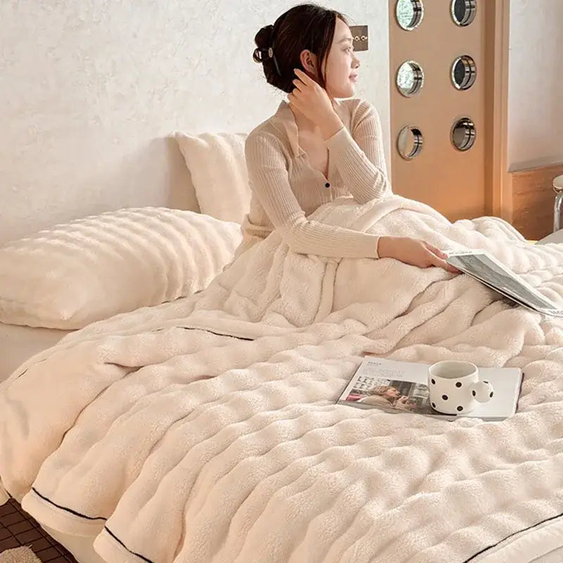 Cream cozy bubble faux rabbit fur blanket cream-colored plush quilted with black piping edges for bedroom throw decorbites cozy bubble