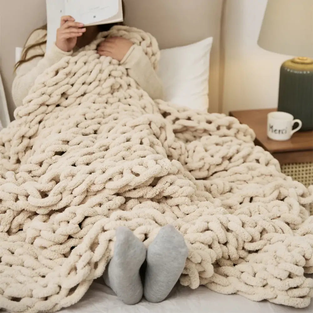 Cream cozy chenille chunky knit blanket with plush textured surface for bedroom decorbites cozy chenille throw
