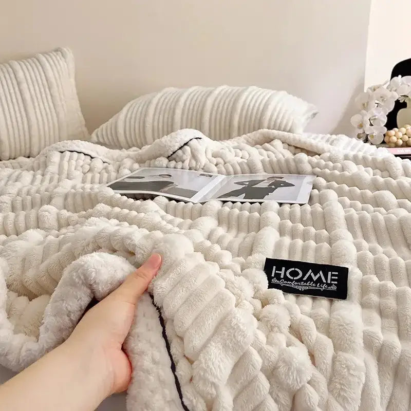 Cream cozy faux rabbit plush blanket in cream corduroy with textured ribs and black piping edge for decorbites cozy faux decor