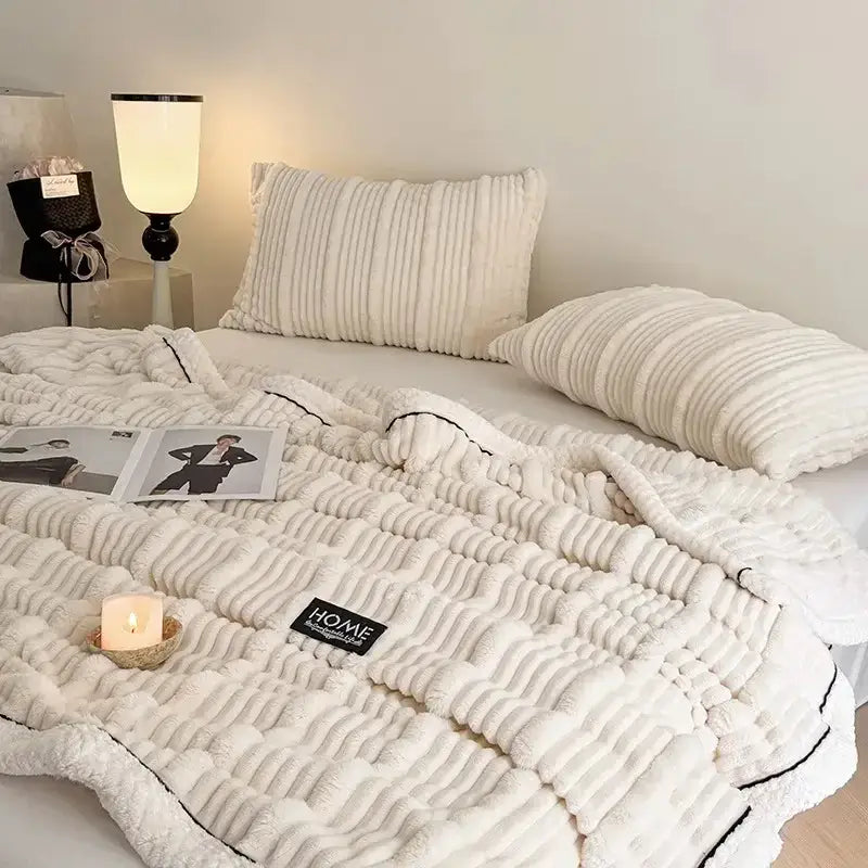 Cream cozy faux rabbit plush blanket with textured ribbed pattern and black piping edge for decorbites cozy faux use