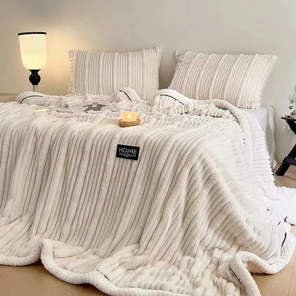Cream cozy faux rabbit plush blanket with cream-colored plush corduroy and black piping edge for decorbites cozy faux use