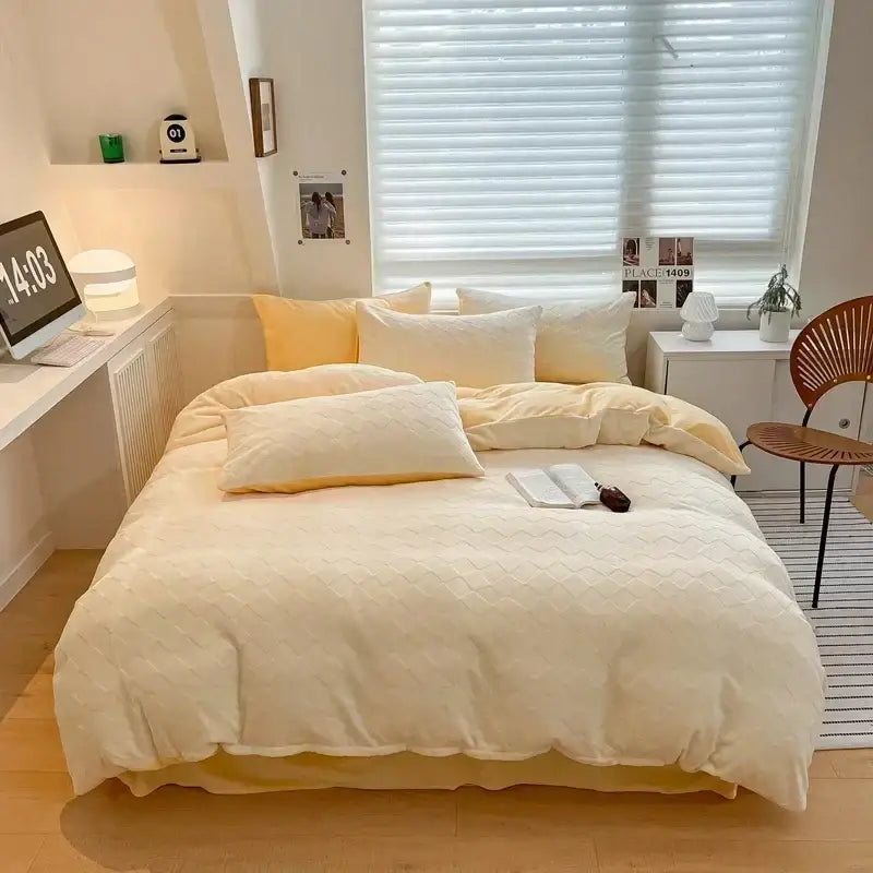 Cream cozy milk fleece bedding set with quilted duvet cover and matching pillows featuring a soft textured surface