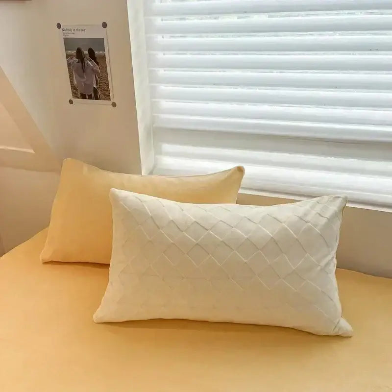 Cream cozy milk fleece bedding set pillow in cream color with quilted diamond pattern for bedroom decorbites cozy milk