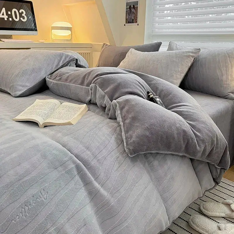 Gray plush duvet set with soft textured fabric and ribbed pattern part of decorbites cozy milk fleece bedding set