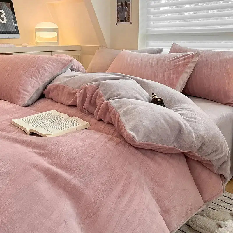 Pink and gray plush duvet set from decorbites cozy milk fleece bedding set with soft textured fabric finish