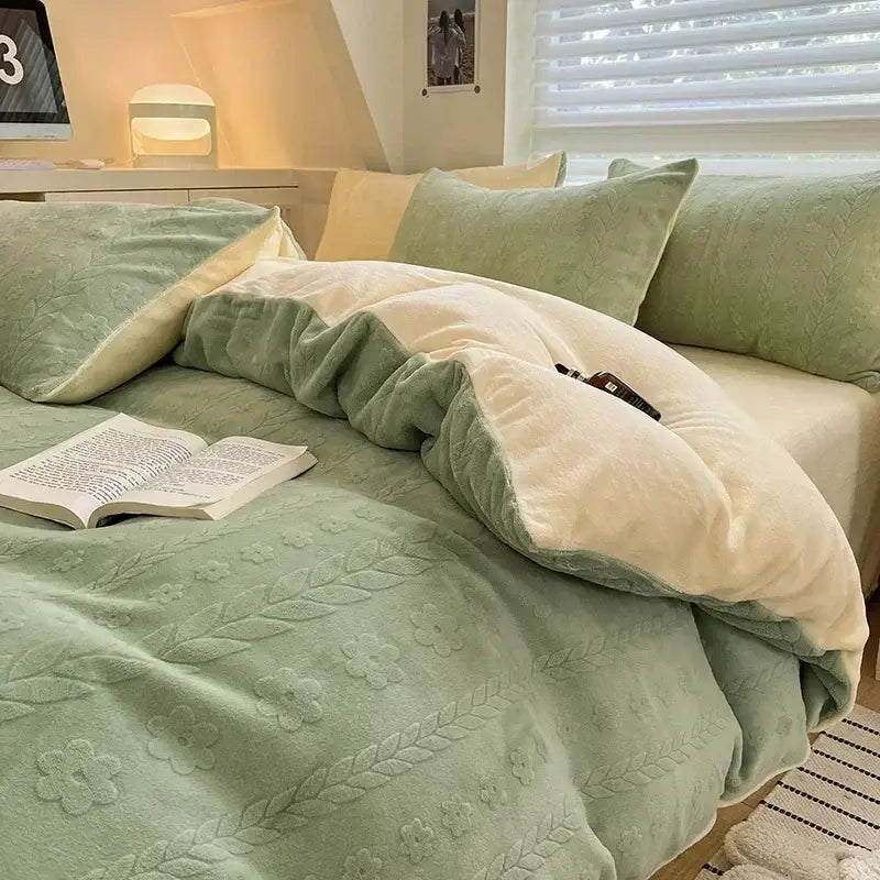Soft mint green and cream two-toned plush quilt with embroidered floral pattern in decorbites cozy milk fleece bedding set