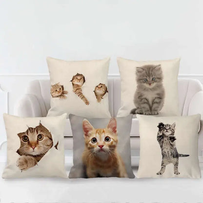 Cream cute cat face decorative cushion cover in cream with printed cat faces for living room pillow decor