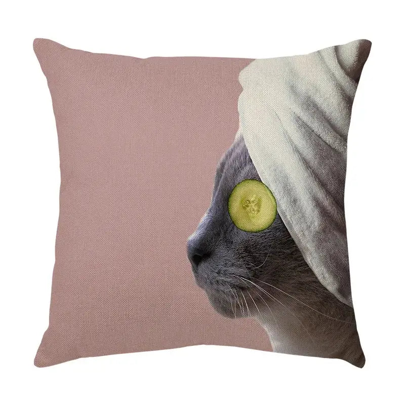 Dusty rose cat face decorative cushion cover featuring a cute cat face with towel and cucumber slice for living room decor
