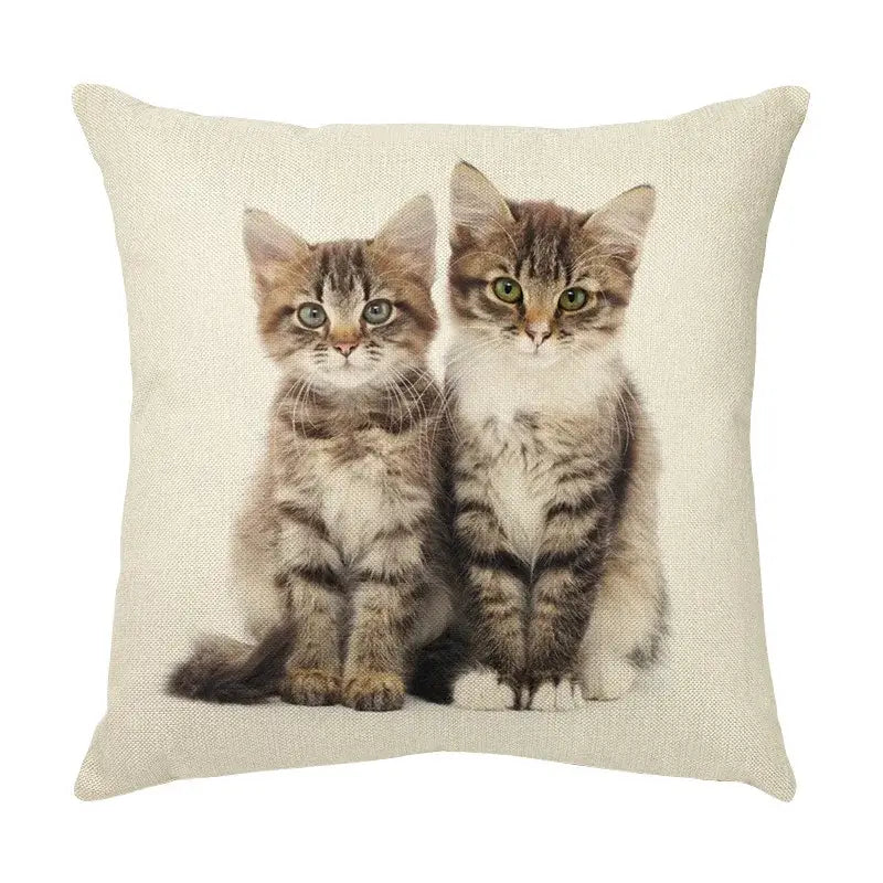 Beige linen throw pillow with cute cat face featuring two tabby kittens for living room decorative use