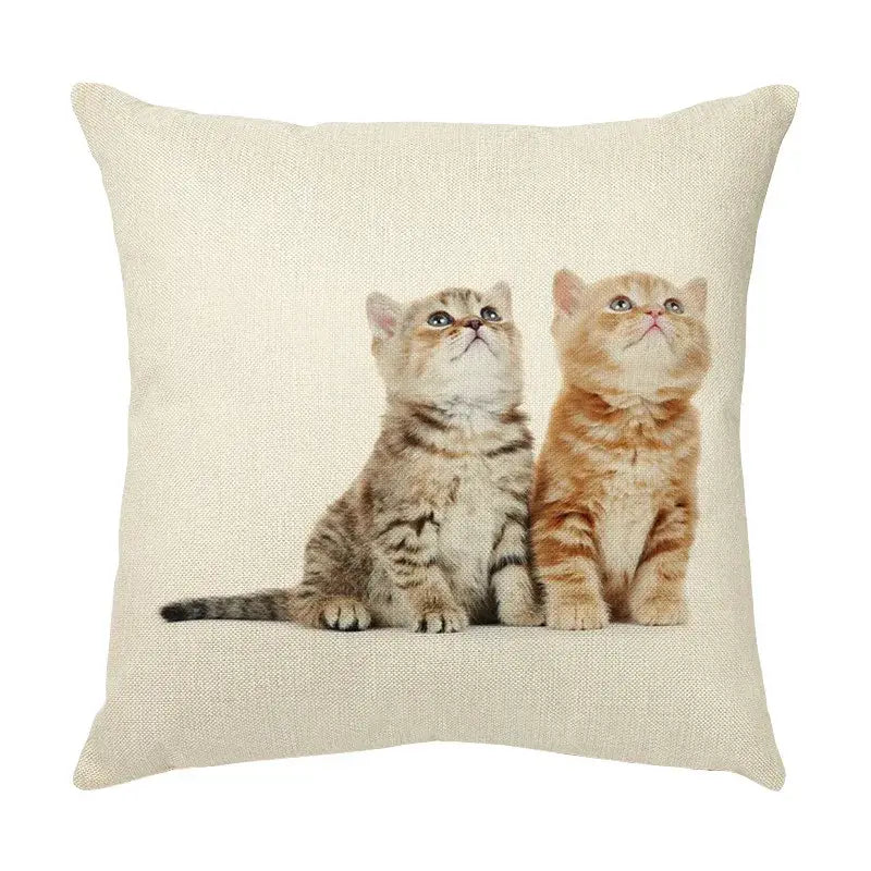 Beige linen throw pillow with cute cat face decorative print of tabby and orange kittens for living room use