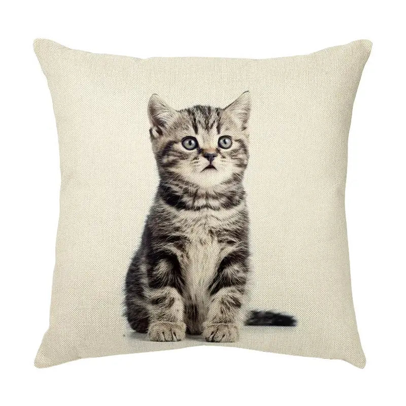 Beige linen throw pillow with a cute cat face printed of a tabby kitten for living room decorative use