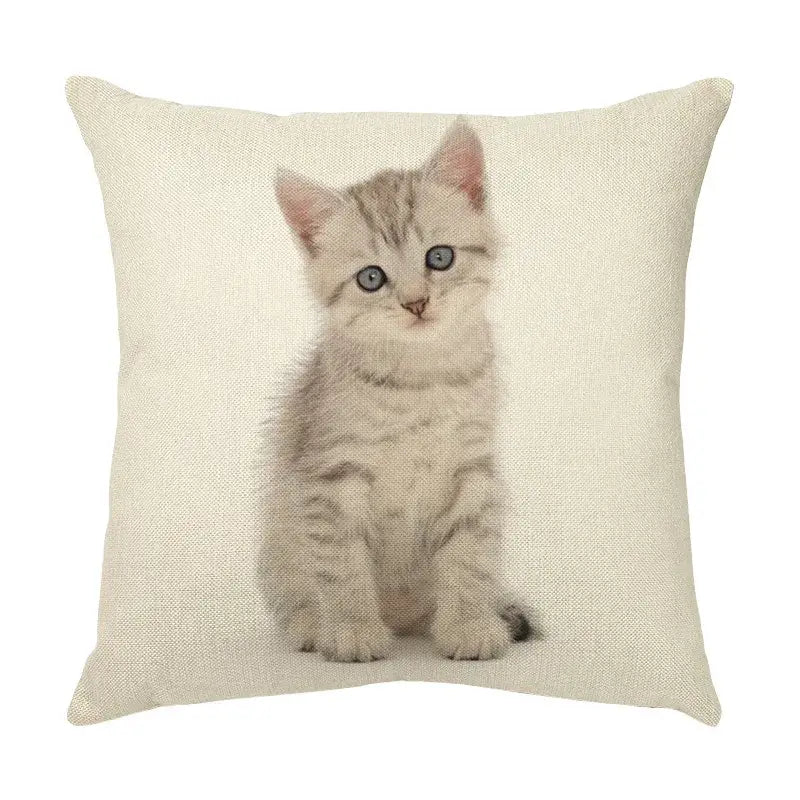 Beige linen throw pillow with a cute cat face printed silver tabby kitten for living room decor cushion cover