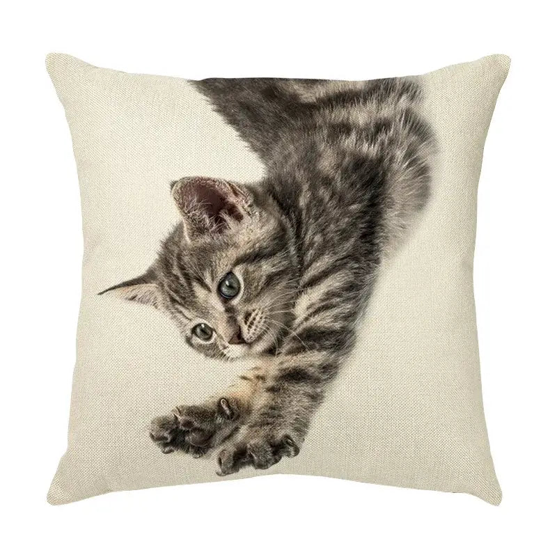 Beige linen throw pillow with a cute cat face decorative print of a gray tabby kitten for living room use