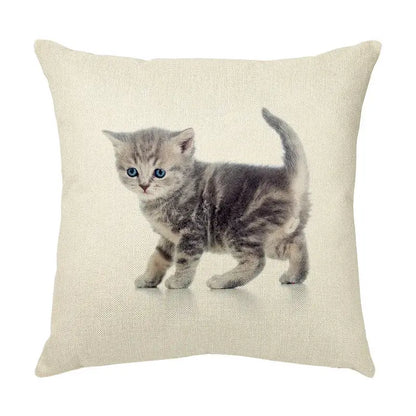 Beige linen throw pillow with a cute cat face decorative gray tabby kitten for living room use