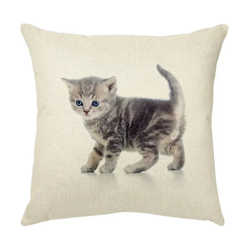 Beige linen throw pillow with a cute cat face decorative gray tabby kitten for living room use