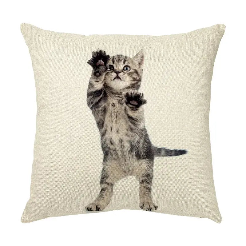 Beige linen throw pillow with a cute cat face decorative black and gray tabby kitten design for living room use