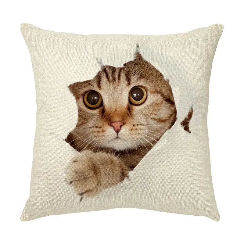 Beige linen throw pillow with a cute cat face decorative realistic tabby cat peeking through torn hole design
