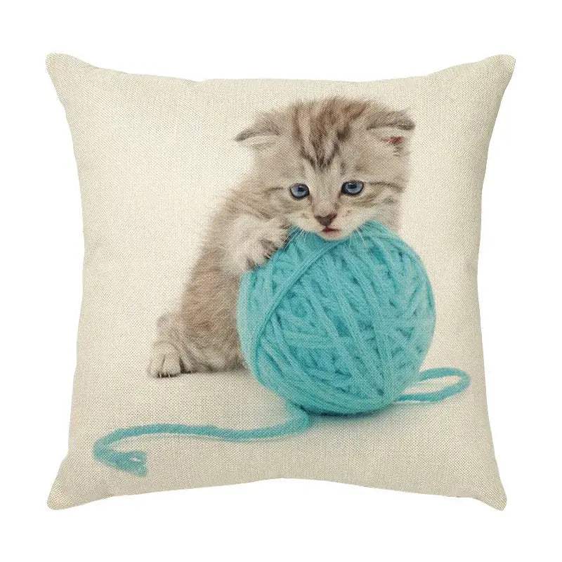 Beige linen cream cute cat face decorative cushion cover featuring a fluffy tabby kitten with teal yarn ball