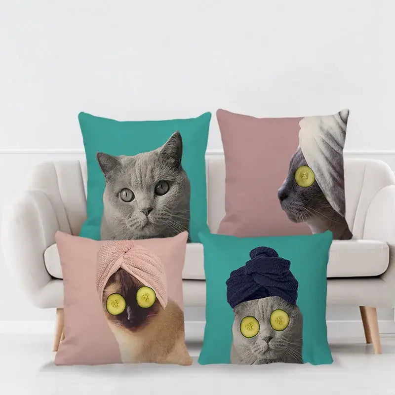 Four cream cute cat face decorative cushion covers with cucumber slices and towel wraps in teal and pink tones for living room