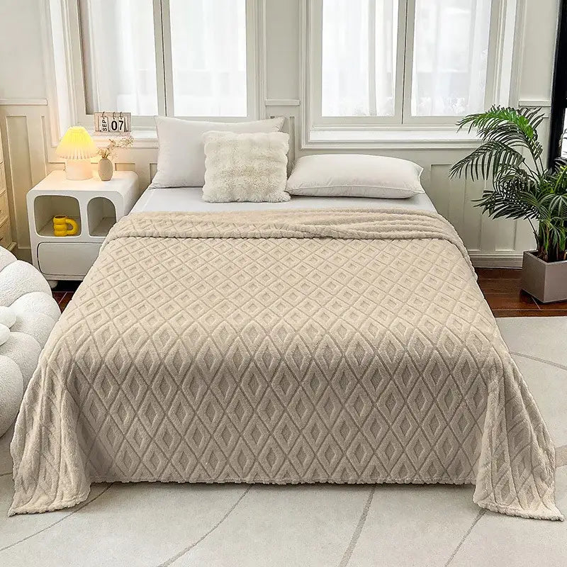Beige diamond jacquard coral fleece blanket with plush texture soft coral fleece throw for bedroom bedding