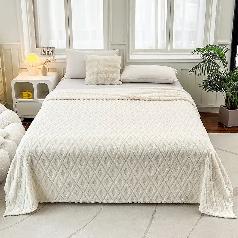 Cream diamond jacquard coral fleece throw blanket with diamond-quilted pattern for bedroom bedding use