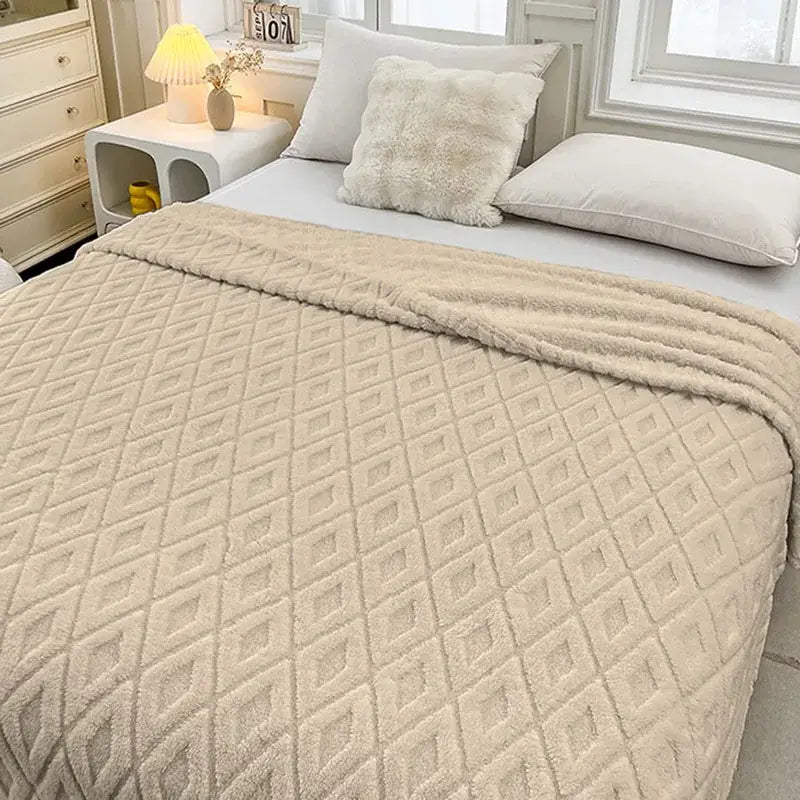 Cream diamond jacquard coral fleece blanket with beige quilted plush texture and diamond jacquard coral pattern